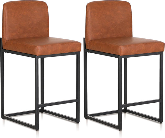 ALPHA HOME Bar Stool Set of 2 Bar Stools with Backrest, PU Leather, Kitchen Stool, Bar Chair, Set of 2 with Footrest, for Countertop, Stable Metal Steel Frame, Brown