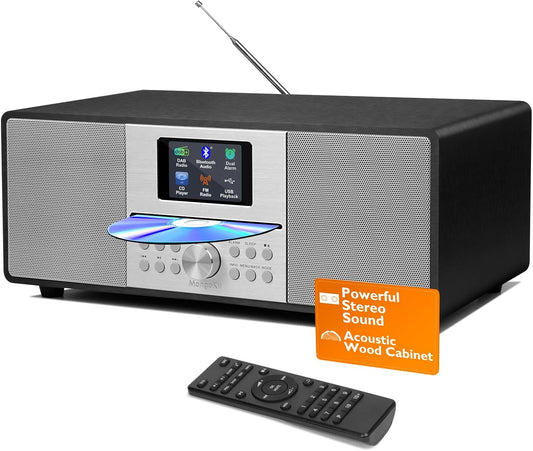 MS4+ CD-speler DAB-radio hifi-systeem I Bluetooth I krachtig stereosysteem I digitale radio DAB+I Akoestische houten kast ICD-speler met luidsprekers I40 presets, hoofdtelefoonaansluiting I