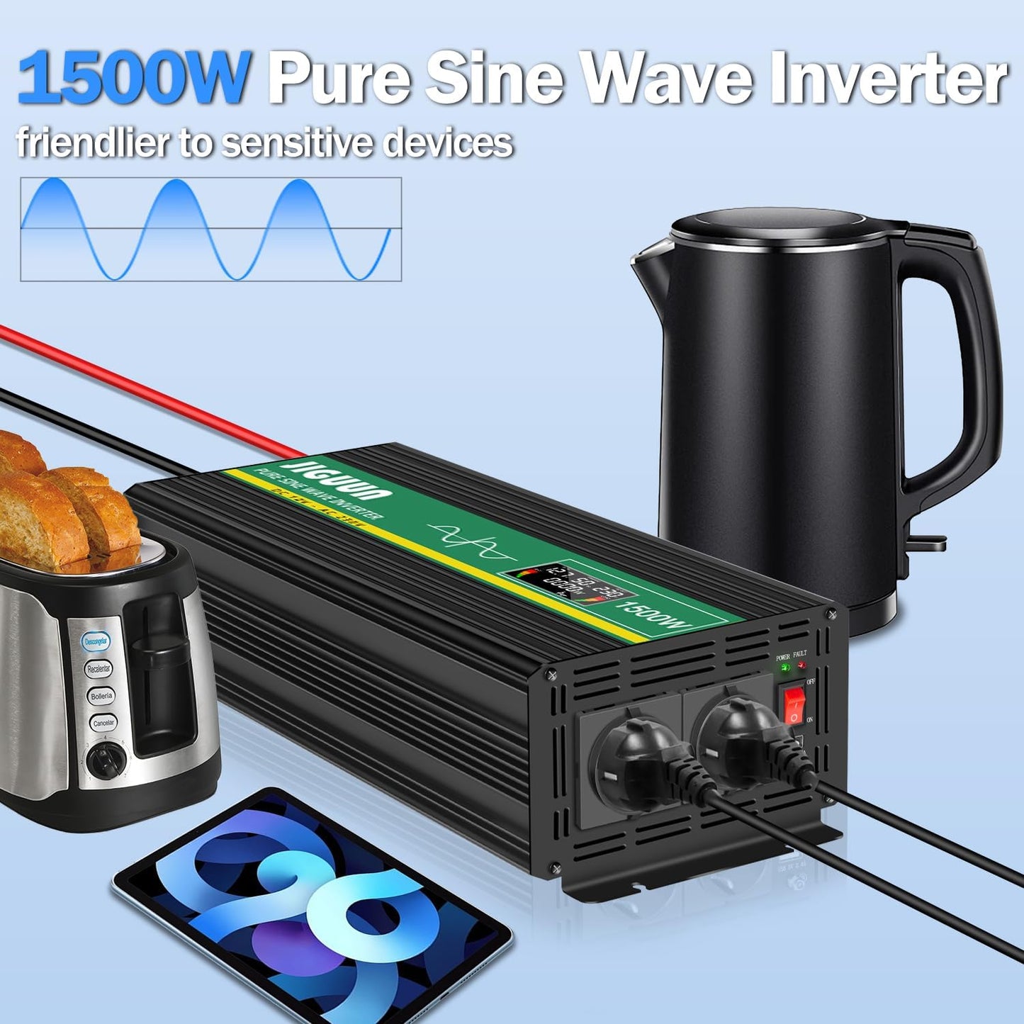JIGUUN 1500W omvormer 12v naar 230v zuivere sinus Converter inverter met draadloze afstandsbediening LCD-scherm 2 Eu-stopcontact & 1 USB-poort Piekvermogen 3000W voor auto, camping, reizen,noodgeval