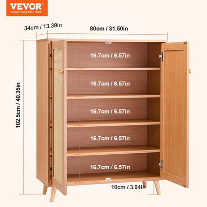 VEVOR Rotan schoenenkast, 5 lagen schoenenopbergorganizer met 2 deuren en verstelbare planken, 102,5 cm hoge rotan schoenopbergkast ideaal voor entree, kast, hal, lichte houtkleur