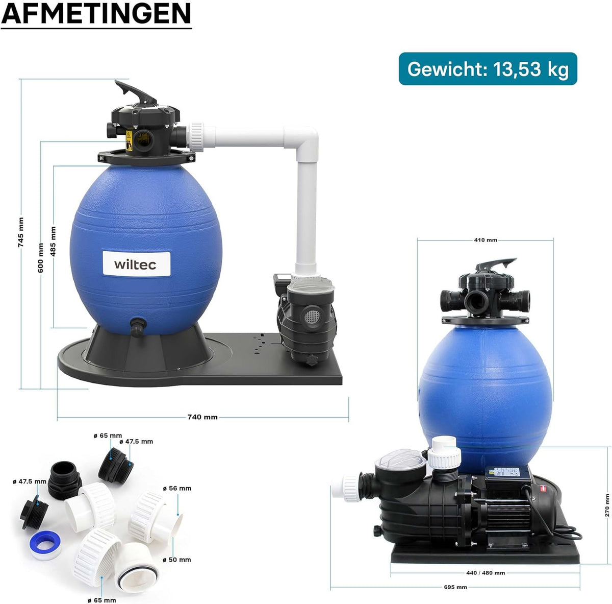 Wiltec zandfiltersysteem 550 W met 38 liter filtertank en zelfaanzuiging 18.000 l/h poolpomp