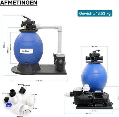 Wiltec zandfiltersysteem 550 W met 38 liter filtertank en zelfaanzuiging 18.000 l/h poolpomp