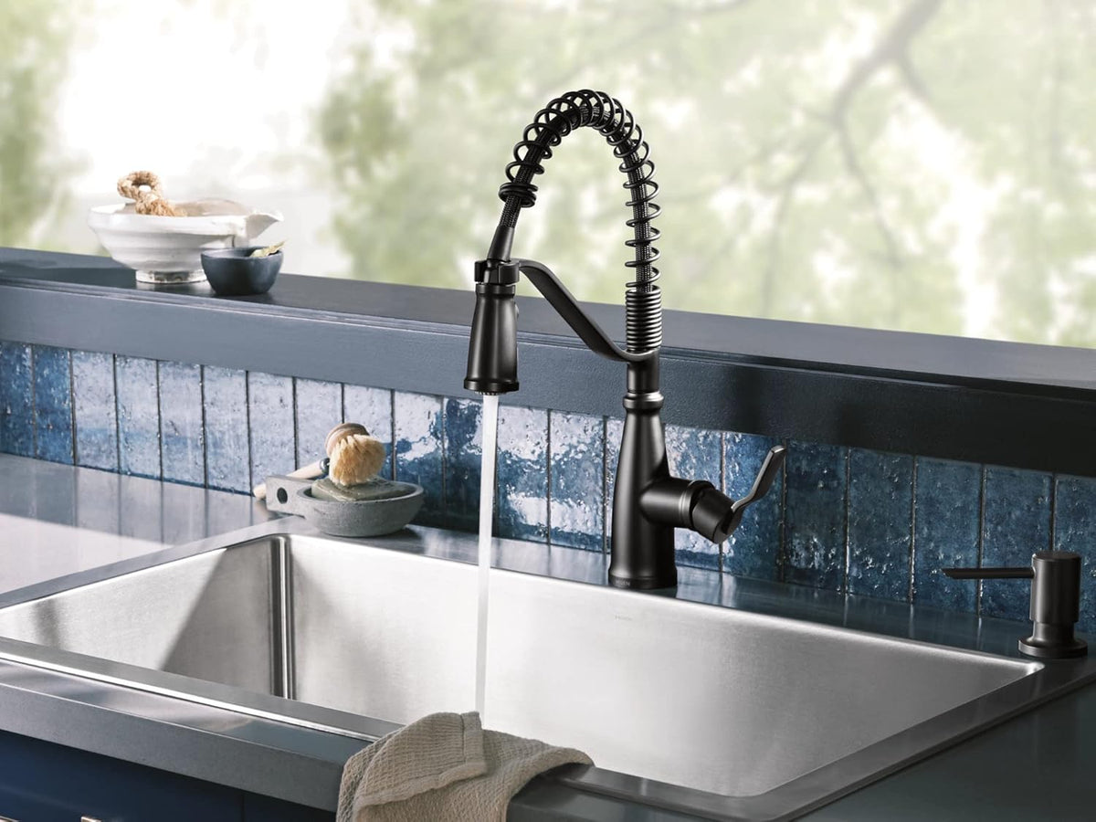 Moen S3947BL Modern Deck Mounted Kitchen Soap Dispenser with Above the Sink Refillable Bottle, Matte Black