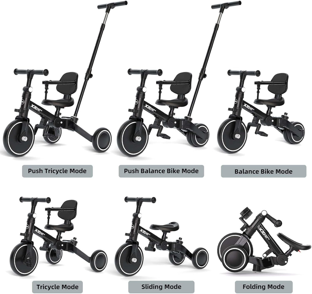 XJD 5-in-1 driewieler, loopfiets vanaf 1 jaar met duwstang voor kinderen vanaf 1 - 4 jaar, loopfiets met afneembare pedalen en verstelbare zitting, kinderdriewieler, babyfiets (zwart)