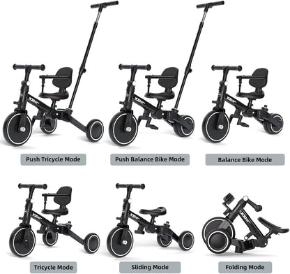 XJD 5-in-1 driewieler, loopfiets vanaf 1 jaar met duwstang voor kinderen vanaf 1 - 4 jaar, loopfiets met afneembare pedalen en verstelbare zitting, kinderdriewieler, babyfiets (zwart)