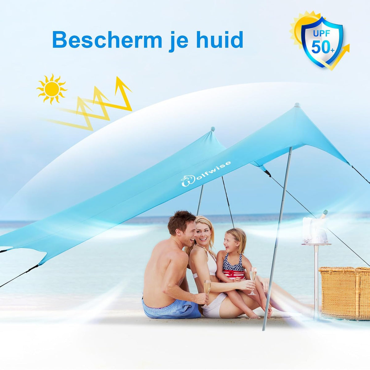 WolfWise UPF50+ Strandtent Zonnescherm, 2,3 x 2,3 m Familie Strand Parasol Geschikt voor 2-6 Personen, Gemakkelijk Op te zetten Winddicht Waterdicht Strand Afdak, Blauw, Large