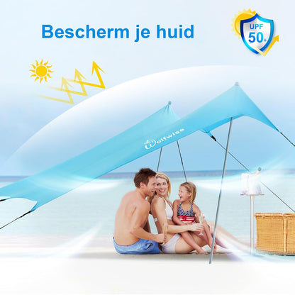WolfWise UPF50+ Strandtent Zonnescherm, 2,3 x 2,3 m Familie Strand Parasol Geschikt voor 2-6 Personen, Gemakkelijk Op te zetten Winddicht Waterdicht Strand Afdak, Blauw, Large