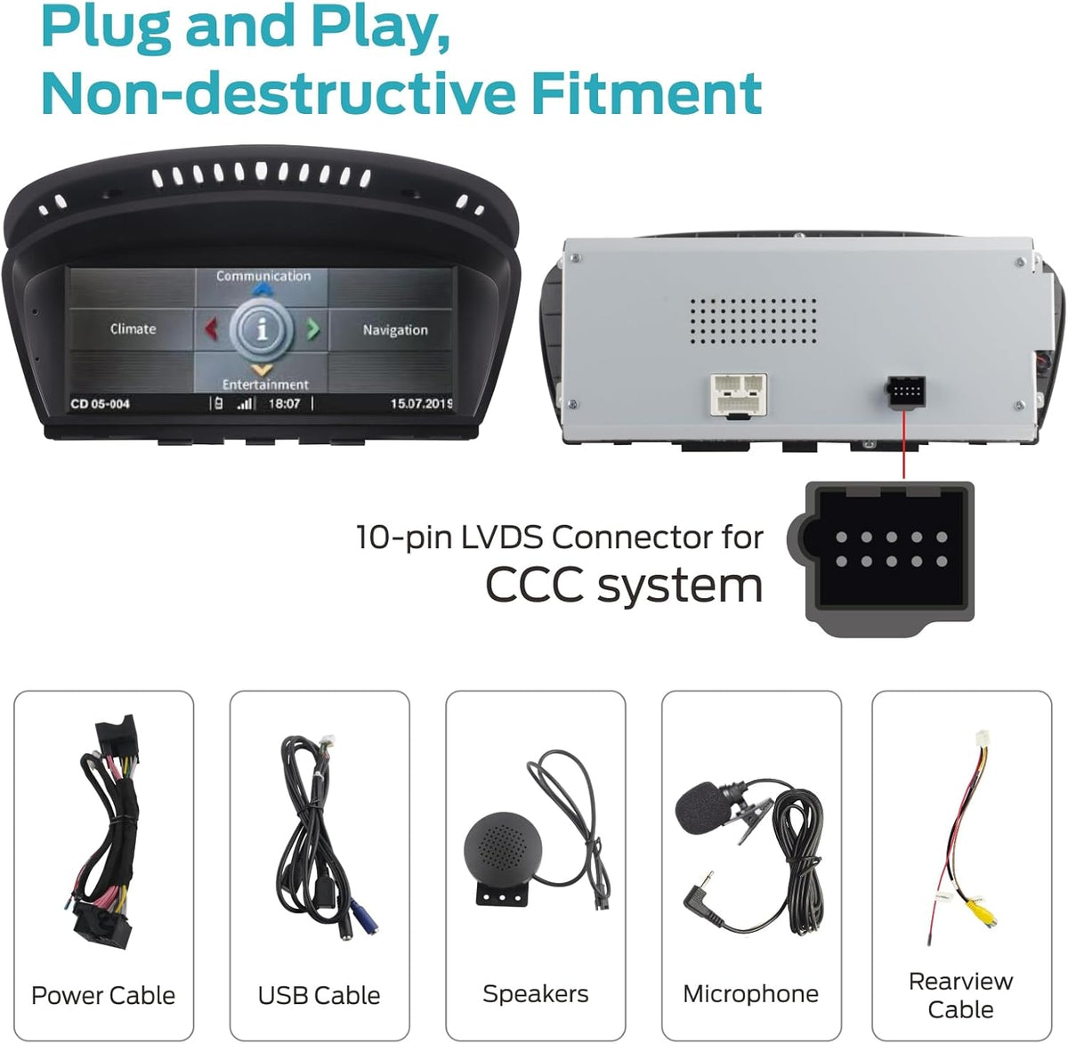 Linux-autoradio met IPS-scherm touchscreen voor BMW CCC-systeem (2003-2009): 3-serie E90/E91/E92/E93, 5-serie E60/E61, 6-serie E63/E64, Wireless CarPlay/Android Auto, AM/FM RDS-radio, DSP, Bluetooth