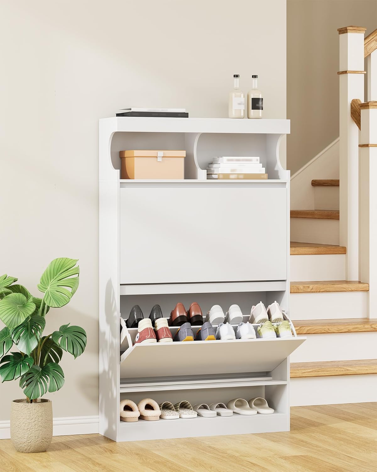Hzuaneri Shoe Cabinet, Shoe Storage, Wooden Shoe Rack, Open Compartment, Divider Adjustable, 16-20 Pairs, Large Capacity for Hallway, Wardrobe, 2 Flaps (80B cm), White SR63203X
