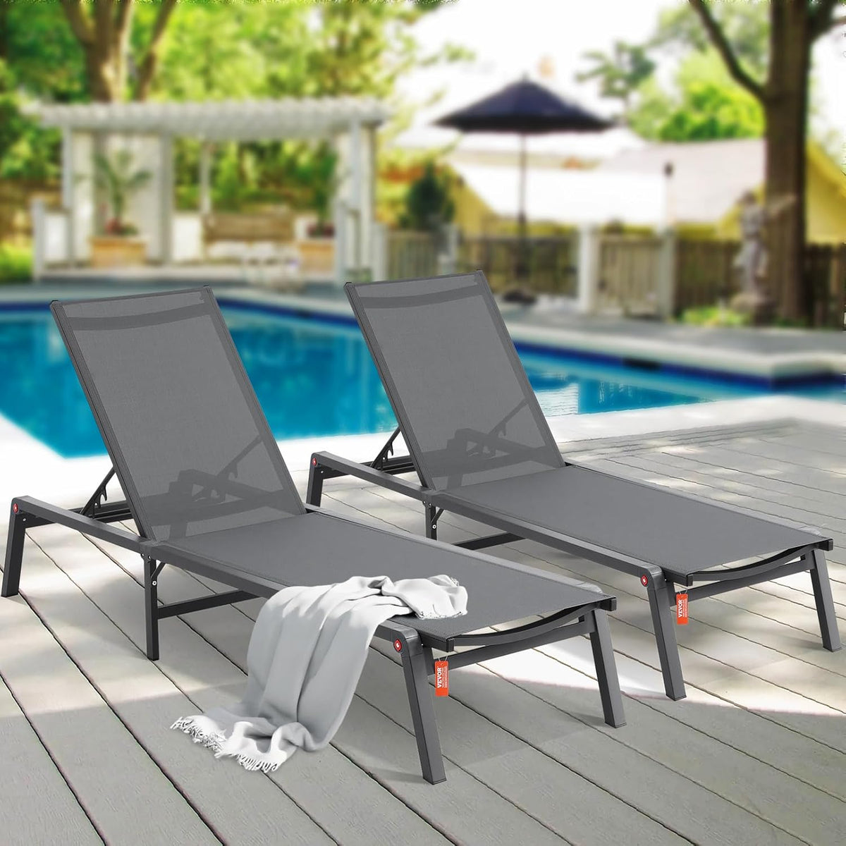 VEVOR Tuinligbed voor buiten, 2 stuks, inklapbaar, van aluminium, voor terras, met 5 verstelbare posities, volledig plat, voor strand, zwembad, outdoor, donkergrijs