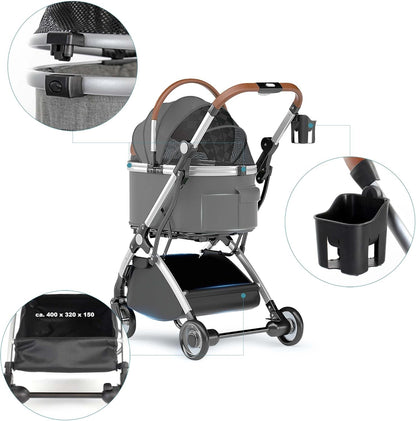Fudajo hondenwagen 2-in-1 hondenbuggy inklapbaar grijs huisdierwagen honden met mand en plank