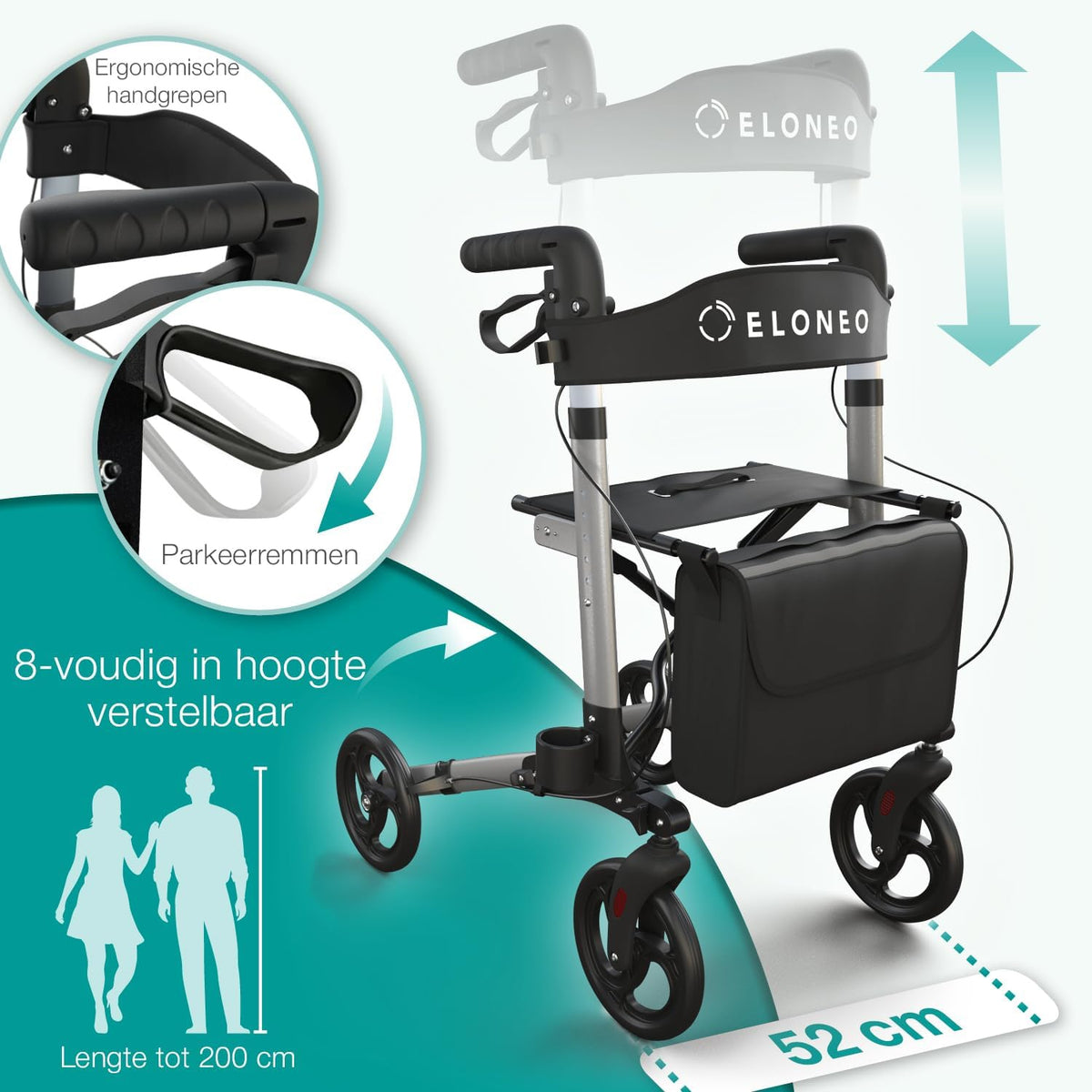 ELONEO Lichtgewicht Rollator met Zitje - Opvouwbare Aluminium Rollator voor Senioren, 8 Verstelbare Hoogtes, 3-voudig Opvouwbaar Loophulpmiddel met Tas & Parapluhouder, Past in Auto (Zilver)