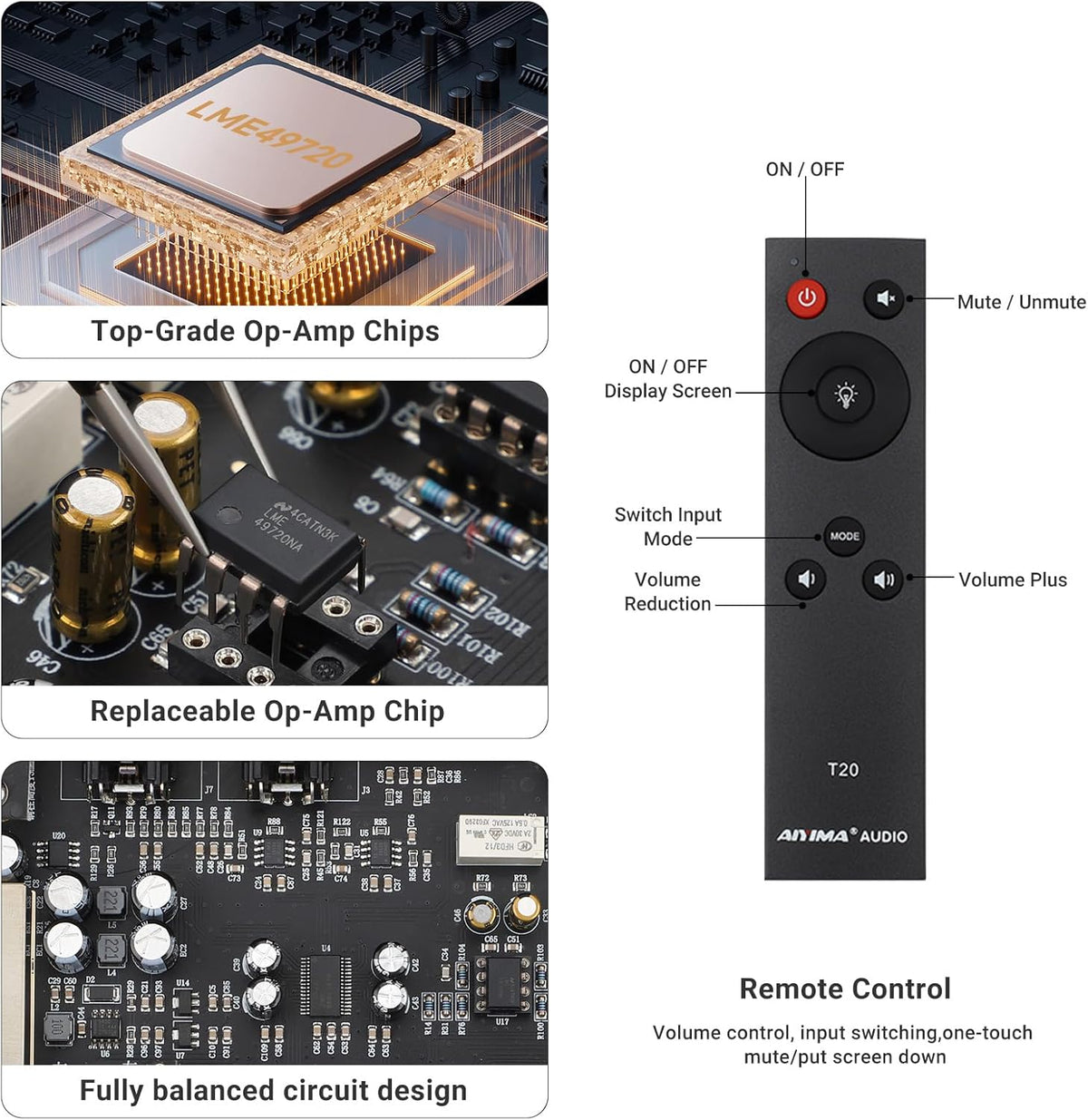 AIYIMA T20 volledig gebalanceerde buizenvoorversterker LME49720 voor HiFi Home audio mini-buizenvoorversterker met RCA- en XLR-ingangen & -uitgangen &12V-triggeruitgang (DC12V 2A voedingsadapter)