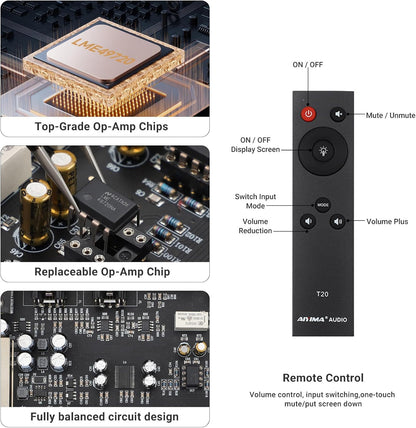 AIYIMA T20 volledig gebalanceerde buizenvoorversterker LME49720 voor HiFi Home audio mini-buizenvoorversterker met RCA- en XLR-ingangen & -uitgangen &12V-triggeruitgang (DC12V 2A voedingsadapter)