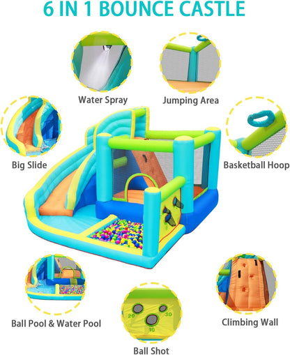 FBSPORT Springkasteel met ventilator, waterspeelcentrum met droog-/waterglijbaan, kinderbadje, klimwand, spring- en basketbalmand, groot springkasteel voor binnen en buiten, geschikt voor maximaal 4