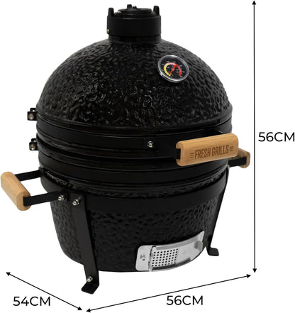 Fresh Grills Kamado BBQ 16 Inch Black Ceramic Mini Oven Barbecue Grill Egg Charcoal Smoker Grate Baking Portable Built-in Thermometer Top and Bottom Air Flow System Outdoor Cooking Camping - QUORE