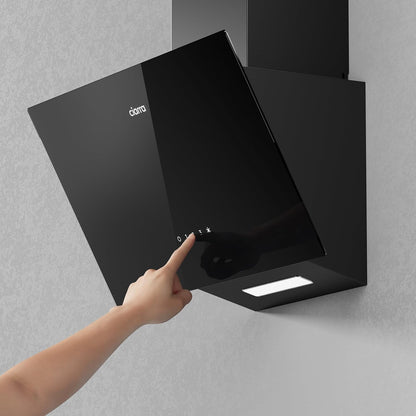 Ciarra CBCB6750C klasse A++ wandafzuigkap, schuin, 60 cm, 350 m³/u, 3 snelheden, recycling- of afvoermodus, inclusief koolstoffilter CBCF002, touch-bediening, zwart glazen paneel