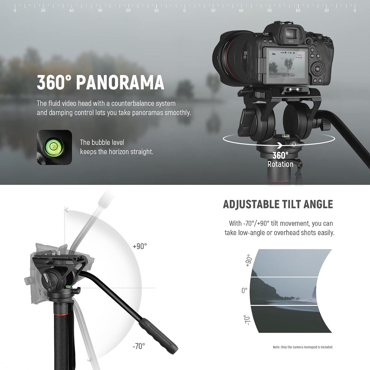 NEEWER GM76 Professionele camera monopod met voeten, 179 cm, telescopisch, draagbaar, aluminium, monopod, zwenkbaar, vloeistofkop en afneembare statiefvoet voor DSLR-camera, maximale belasting 6 kg