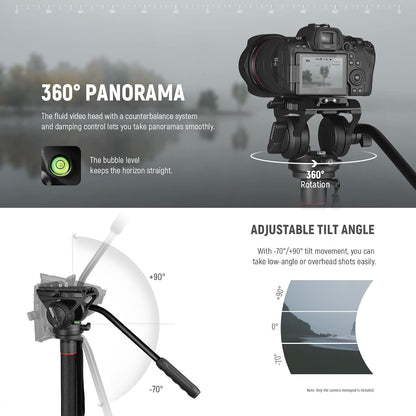 NEEWER GM76 Professionele camera monopod met voeten, 179 cm, telescopisch, draagbaar, aluminium, monopod, zwenkbaar, vloeistofkop en afneembare statiefvoet voor DSLR-camera, maximale belasting 6 kg