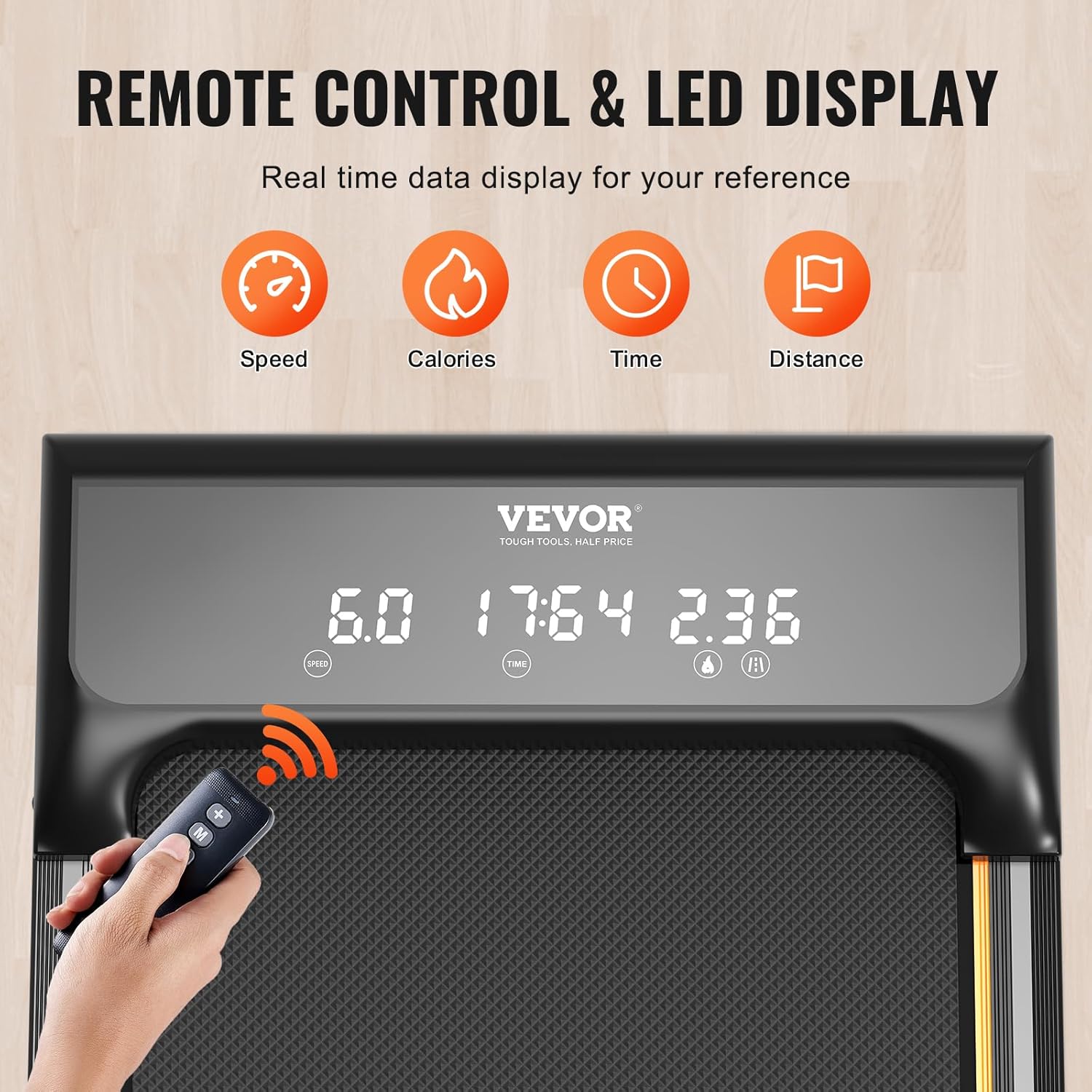 VEVOR Walking Pad Under The Desk, Working Treadmill with 120kg Load Capacity, Portable Pad with 2.5 HP, Remote Control, LED Display, 1-6 km/h, Black - QUORE