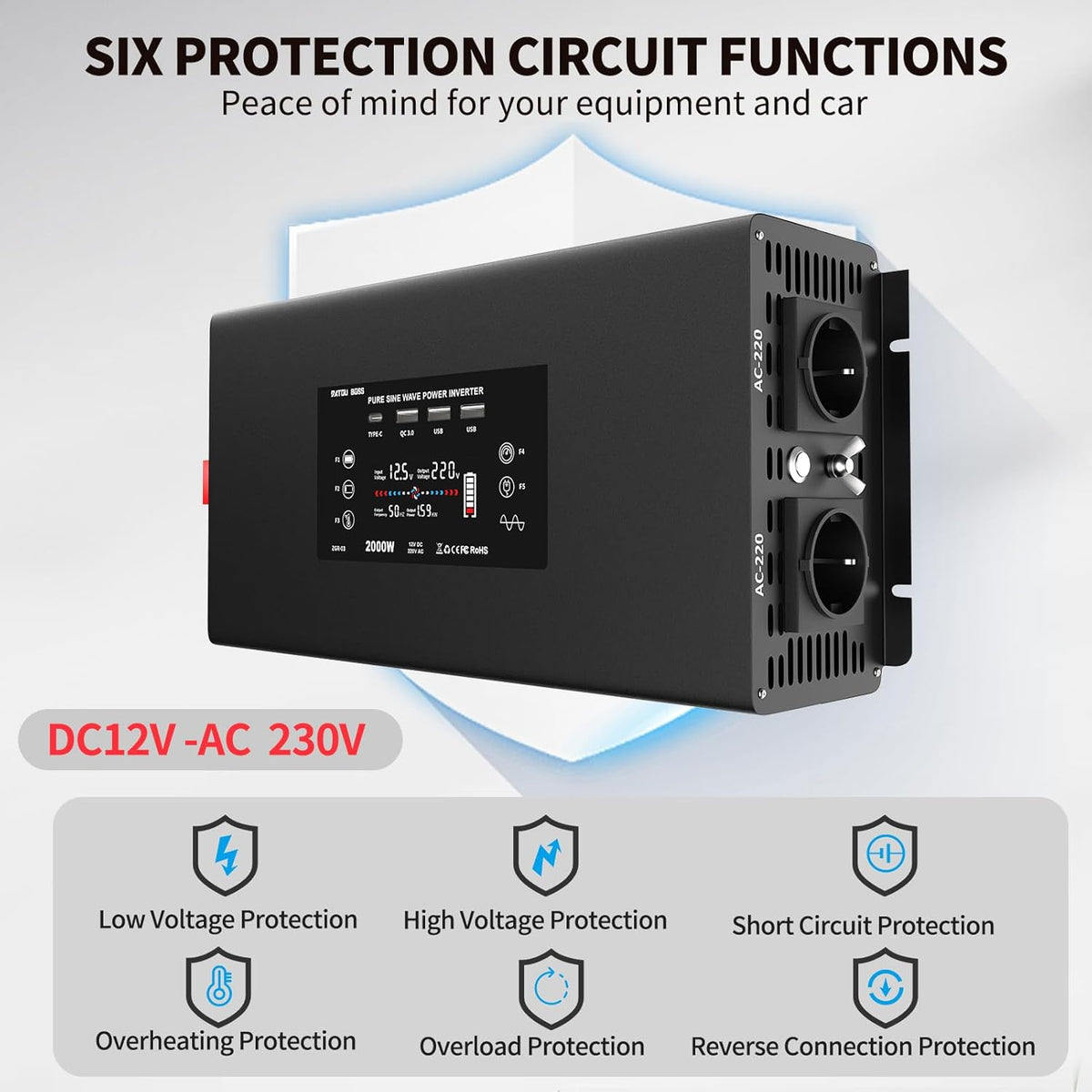 <font dir="auto" style="vertical-align: inherit;"><font dir="auto" style="vertical-align: inherit;">        DATOUBOSS 12V to 230V Pure Sine Wave Power Inverter 2000W/4000W with LCD EU Sockets, 2xUSB, QC3.0 Port, Type-C, 12V 230V Power Converters for Cars,