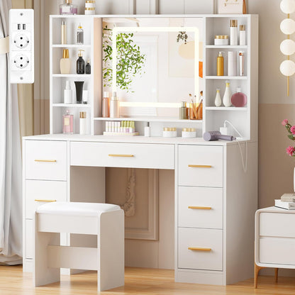 ANWBROAD Large Makeup Dressing Table with Adjustable LED Lighting in 3 Colors and Sockets Modern White Dressing Table with Mirror and Stool 7 Drawers 4 Open Shelves 140x100x40cm BDT65W - QUORE