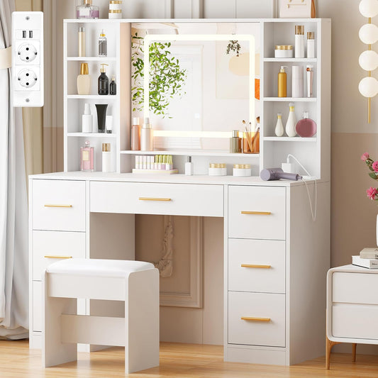 ANWBROAD Large Makeup Dressing Table with Adjustable LED Lighting in 3 Colors and Sockets Modern White Dressing Table with Mirror and Stool 7 Drawers 4 Open Shelves 140x100x40cm BDT65W - QUORE