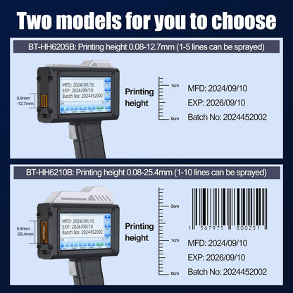 Draagbare handprinter BT-HH6205B met 4,3 inch HD touchscreen 12,7 mm hand inkjetprinter voor tekst, datum, barcode, QR-code, chargenummer, variabele gegevens, afdrukken op karton, hout