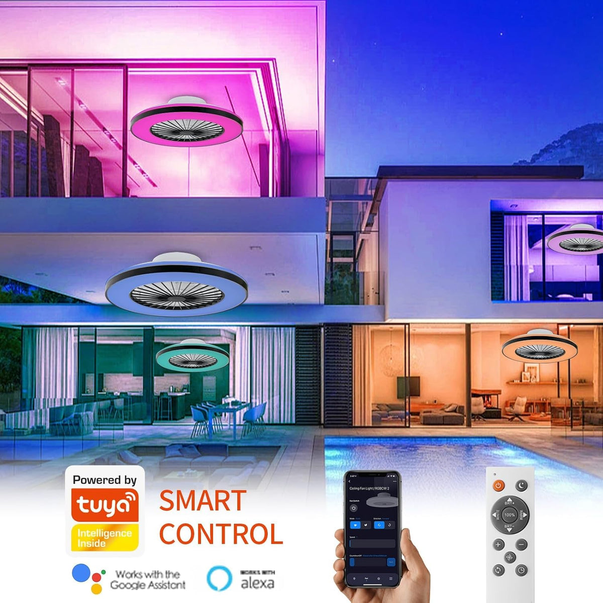 Moderne LED-plafondlamp met ventilator, RGB-plafondventilatorverlichting, 6 ventilatiesnelheden, oneindig dimbare verlichting voor woonkamer, slaapkamer, kantoor, 3000-5500 K, (Zwarte lijst 50CM)