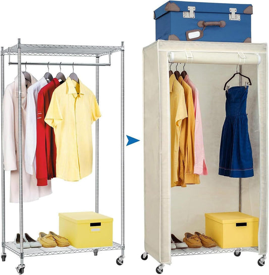 Art Moon Buffalo - Beige Stevige Verrijdbare Garderobekast Met Schoenenrek - Mobiele Stoffen Kleding Kast Met Kleding Stang - Kleren Opbergkast Zonder Deuren - Hangkast Legkast Op Wielen - Metalen Frame - 75 x 45 x 150 cm
