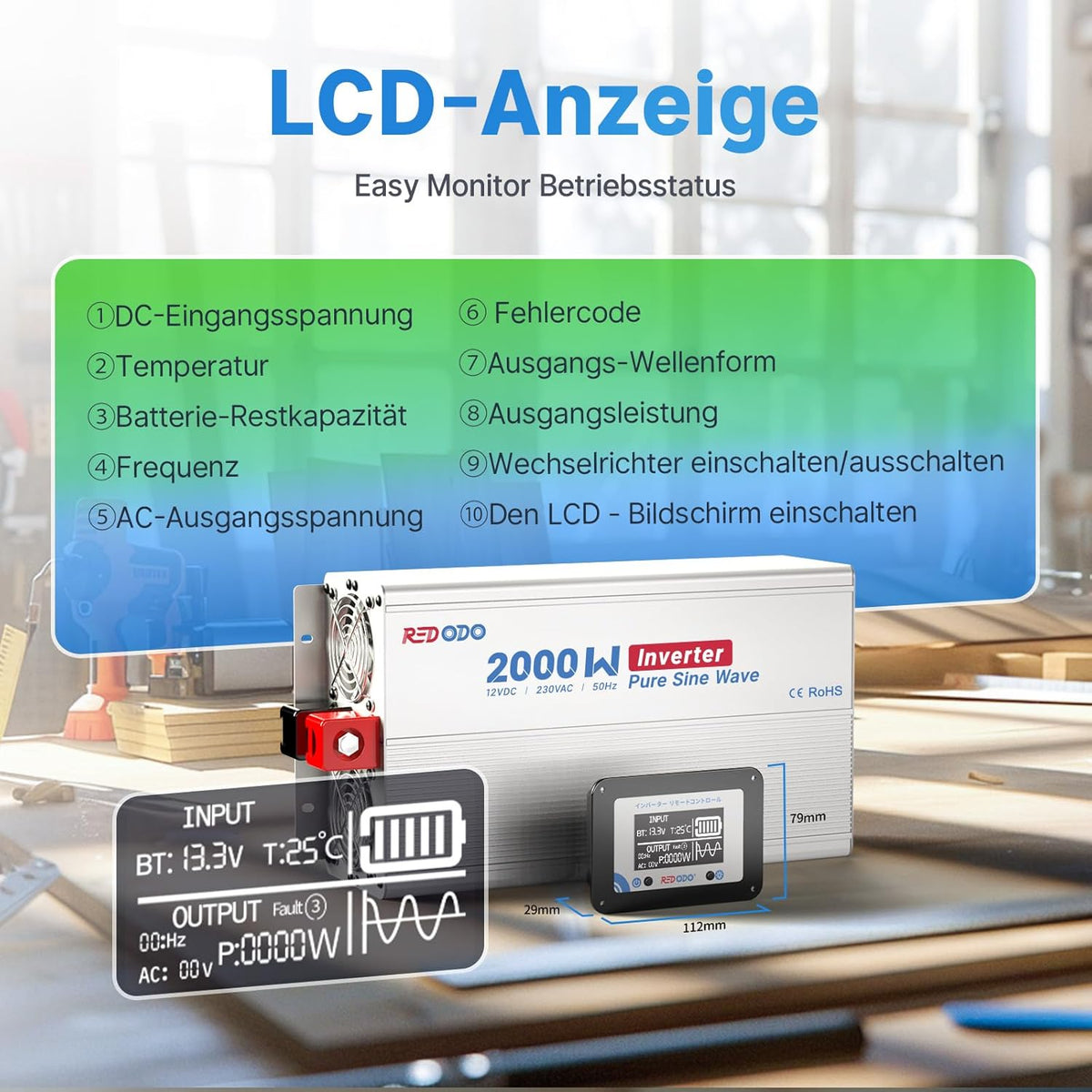 Redodo Pure Sine Wave omvormer, 2000 W, 2 V DC naar 230 V AC converter voor dames, camping, zonne-omvormer met 2 AC-uitgangen, monitoring-scherm met real-time statusweergave