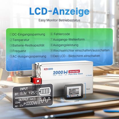 Redodo Pure Sine Wave omvormer, 2000 W, 2 V DC naar 230 V AC converter voor dames, camping, zonne-omvormer met 2 AC-uitgangen, monitoring-scherm met real-time statusweergave