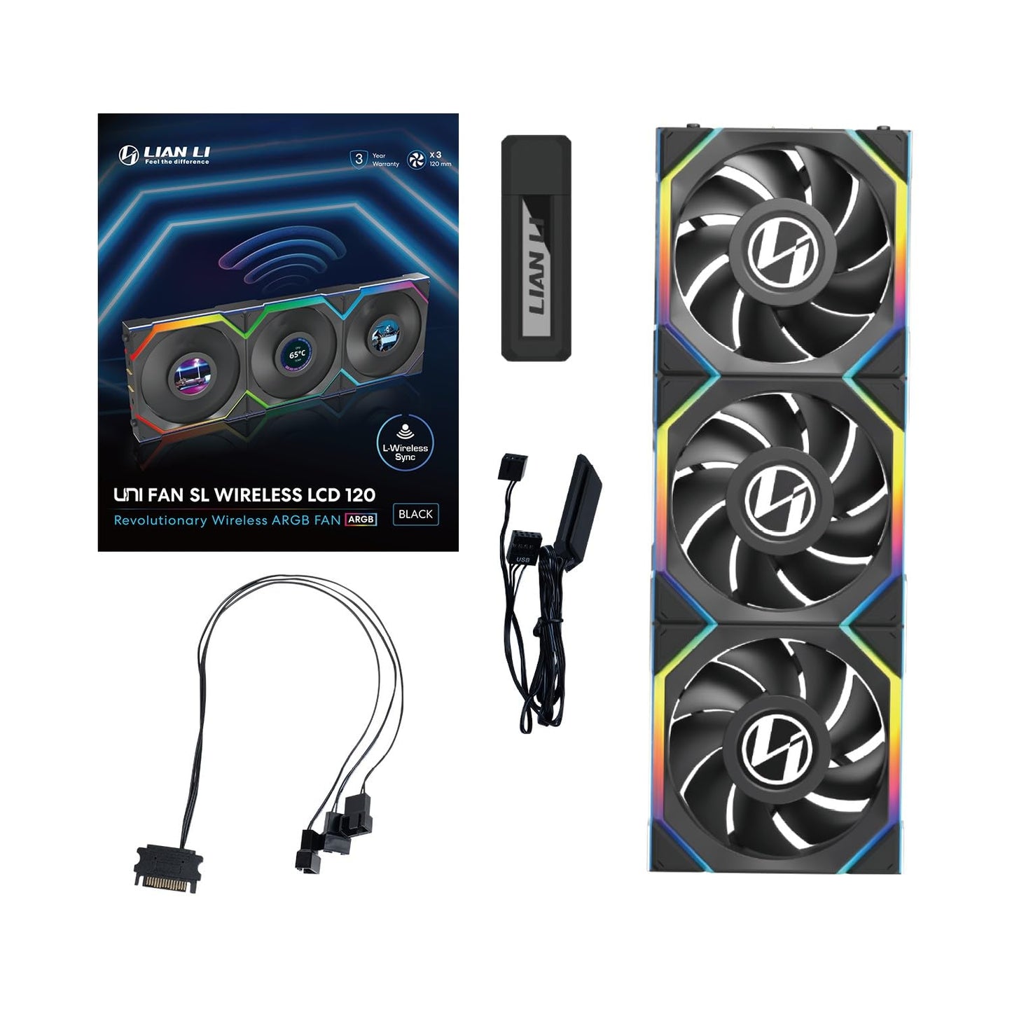 Lot +van+3+ventilatoren+behuizing+Lian+Li+Uni+Fan +SL+Wireless+LCD+RGB+-+12cm+%28Zwart%29