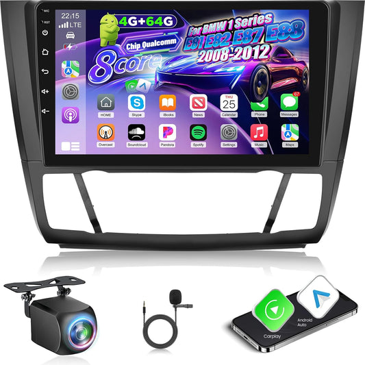 4G+64G 8 Core Qualcomm Car Radio for BMW 1 Series E81 E82 E87 E88 2008-2012 with Wireless Carplay & Android Auto, 9 Inch Android Car Stereo with WiFi/GPS/Bluetooth 5.1/DPS Hi-Res/FM RDS Radio