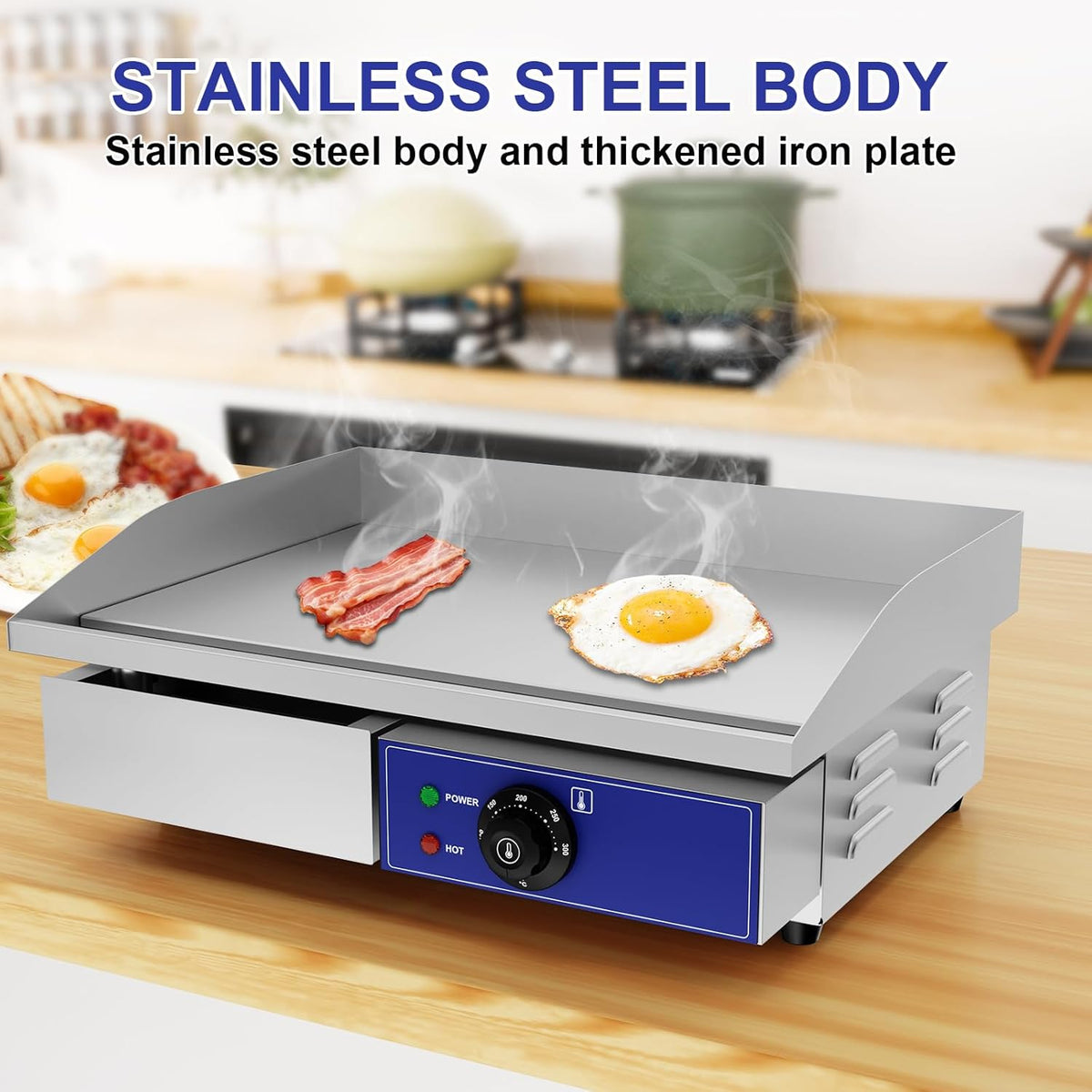 TAIMIKO Professionele elektrische grillplaat, 55 x 35,5 cm, gladde kookplaat, 2 kookzones, 3000 W, commercieel, BBQ-grillplaat, roestvrij staal, opzetbare grill met thermostaat en afneembare sapschaal