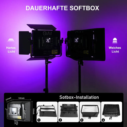 GVM RGB videolichtpaneel met softbox, 45 W led-fotografielamp met lichtstatief, app-bediening, 15000 lux/0,5 m, 3200 K-5600 K, studio-continu licht voor video-opnames, YouTube Streaming, CRI97+ 18