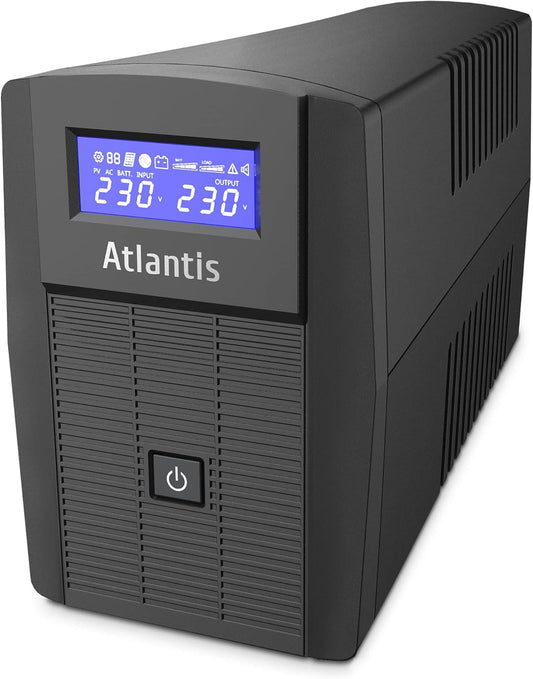 Atlantis A03-HP1003 Ononderbroken stroomvoorziening, zuivere sinusgolf, 800 VA 480 W Line Interactive, LCD-display, USB-HID-aansluiting, 2 Shuko-uitgangen + Alim-kabel, 1 accu 12 V-9 Ah,