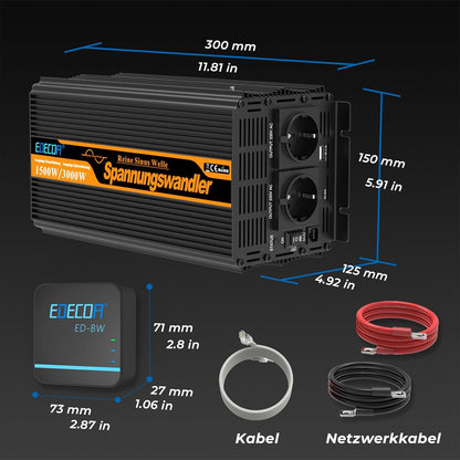 EDECOA 12 V 230 V omvormer 1500 W/3000 W 12 V naar 230 V zuivere sinusgolf omvormer met wifi-module, ondersteuning voor app-functies met 2 USB-poorten