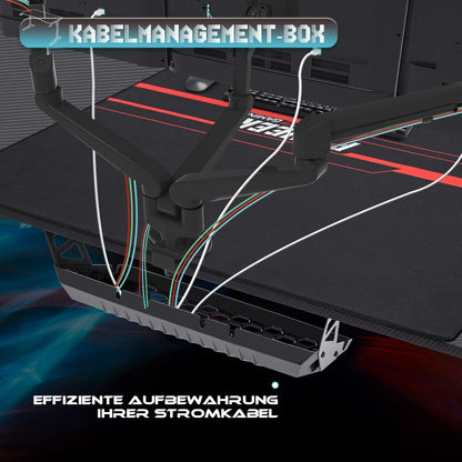Devoko Gaiming Tafel 140 cm, gamingbureau, gamer, computertafel, ergonomisch pc-bureau met kabelopbergdoos, bekerhouder en hoofdtelefoonhouder, T-vormig (zwart, 140 x 60 x 75 cm)
