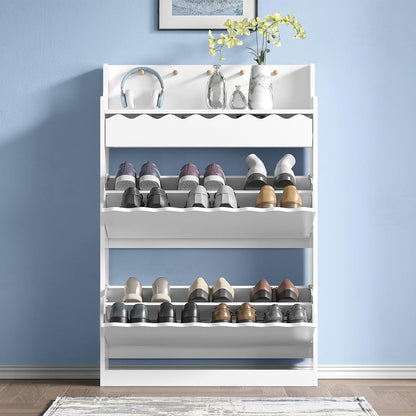 Schoenenkast wit met 2 kleppen en 1 lade, hoge houten schoenenkast met open vak, 5 haken, schoenenrek, schoenenrek voor de ingang, hal, woonkamer