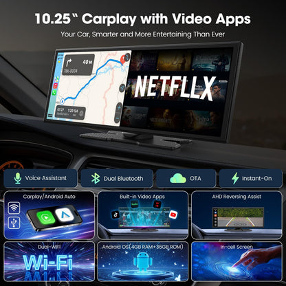 LAMTTO Draadloze Autoradio Carplay Scherm met Net-flix YouTube TikTok,10.25'' A-pple CarPlay & Android Auto met Achteruitrijcamera Split Screen Dual Bluetooth Navigation FM AUX voor iOS 10+Android 11+
