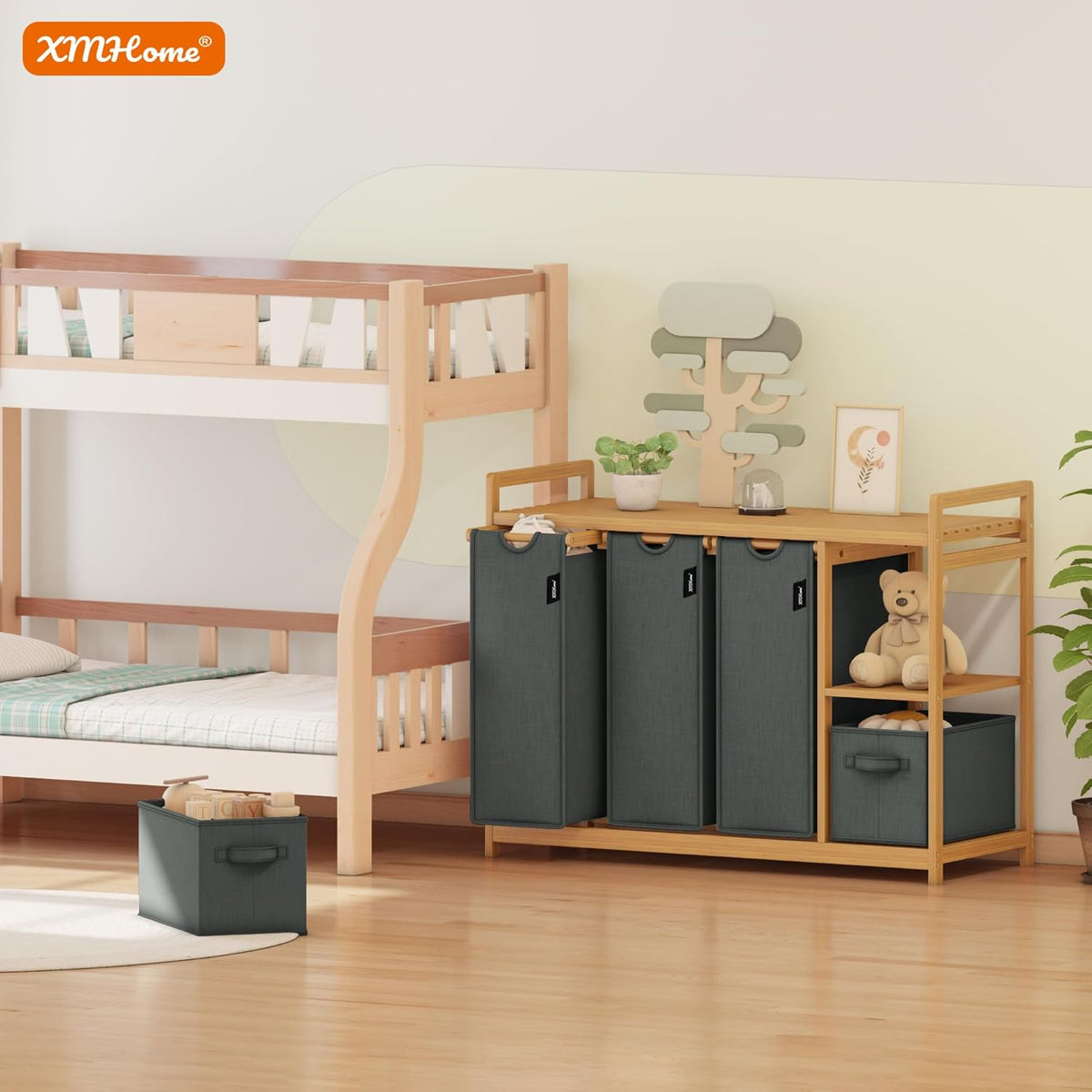 Bamboe wasmand 188 l met 2 waszakken en 2 opbergdozen, 5-voudige wassorteerder met bamboe rek, wasverzamelaar voor badkamer, slaapkamer en bijkeuken, laundry basket, donkergrijs