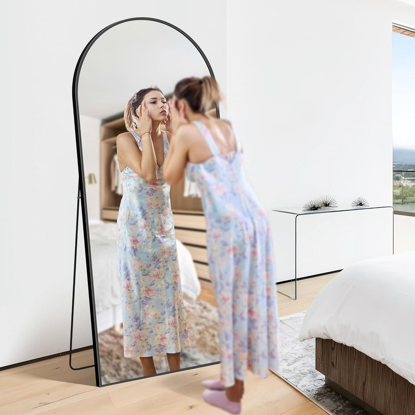 Staande Spiegel – Boogspiegel – Full Body Spiegel – Vloerspiegel – Wandspiegel – 179 x 65 cm – Aluminium Frame – Explosiebestendig Glas