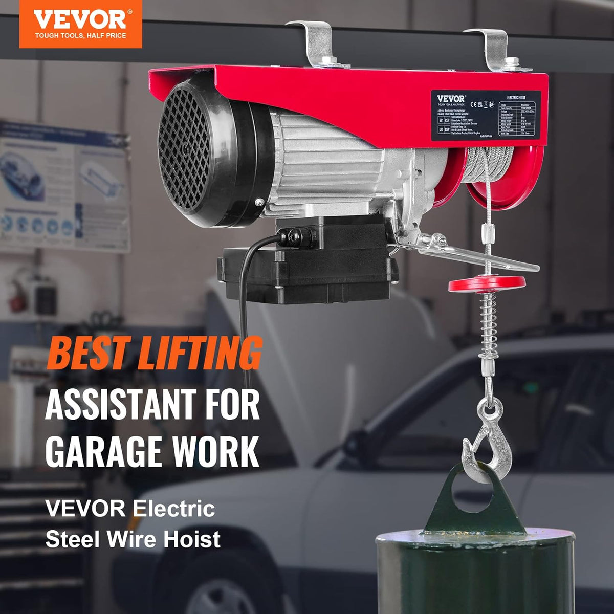 VEVOR Electric winch 500kg to 1000kg lifting height 12m cable motor winch 1600W copper motor pulley 10m/min lifting speed lift with wireless remote cable lifter chain hoist