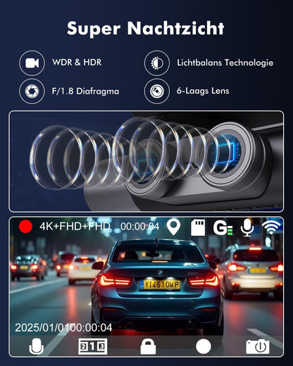 3-Kanaals Dashcam Auto, 4K UHD Voorkant + Full HD Achter + Interieur, Dashcam met 24u Parkeerbewaking, WiFi 6 & GPS, HDR/WDR Nachtzicht, 3 inch IPS dash cam met 64GB kaart (V1)