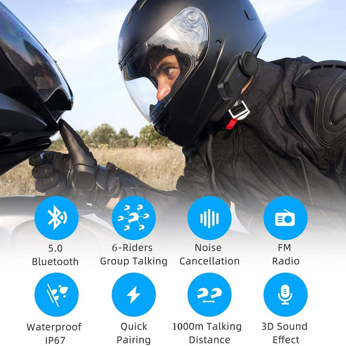 QSPORTPEAK Motorcommunicatiesysteem, M2 motorfiets bluetooth intercom met stereogeluid, motorfiets helm headset tot 6 bestuurders (1000 m bereik, waterdicht, FM-radio, voice prompt) (2 stuks)