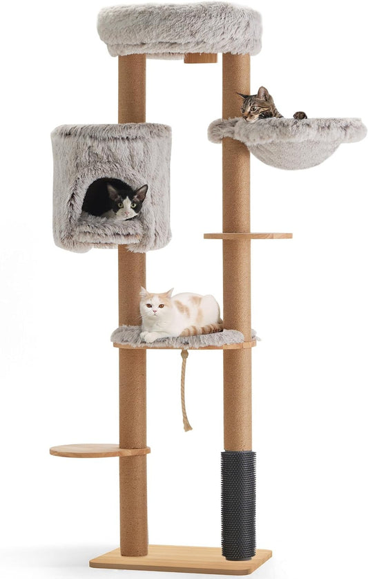 Krabpaal – Kattenboom – Kattenhuis – Kattenklimrek – Krabmat – Wandmontage – 188 cm Hoog – Natuurlijk Massief Rubberhout Met Jute Sisaltouw