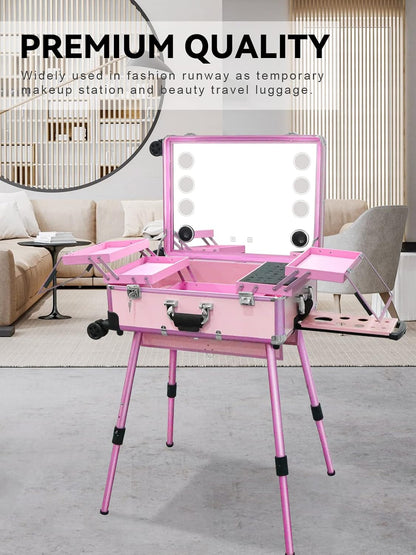 EBANKU Professionele Make-upkoffer, Rolling Makeup Travel Case Trolley Cosmetic Case met Verlichte Spiegel en Bluetooth, Multifunction Artist Cosmetic Case Hairdressing Trolley(Roze)