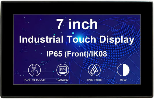 VSDISPLAY 7 inch industriële touchscreen-monitor, IP65 frontplaat, 1024 x 600, 350 nits, capacitieve 10-punts touch, groot temperatuurbereik, aluminium behuizing