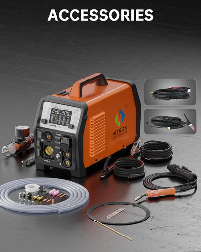HITBOX Multifunctioneel Lasapparaat en Plasmasnijder Combo 200A 230V - MIG Puls Aluminium, MIG Gas, TIG HF, Plasma 40A, Beklede Elektrode, Punts lassen, Synergie, Groot Digitaal Display (HBMC270)